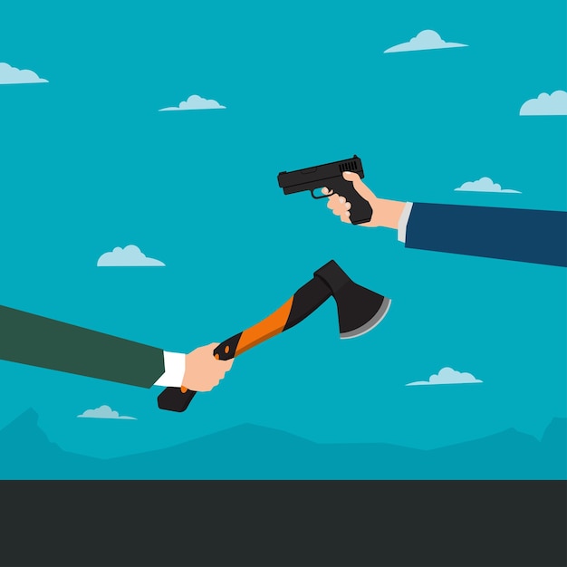 Vector businessman hands hold the gun and ax business conflict vector illustration