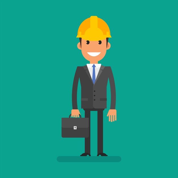 Businessman in hardhat holding briefcase and smiling