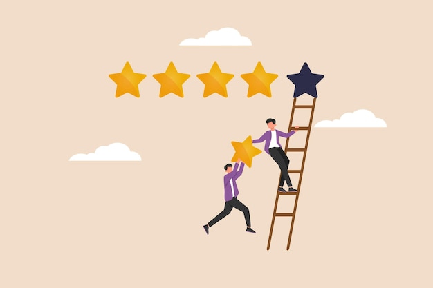 Businessman and his friend holding 5th star climb up ladder to put on best rating Product Rating Concept Flat vector illustration isolated