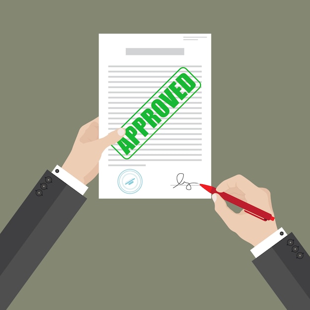 Businessman hold approved document with left hand and sign it with right hand.