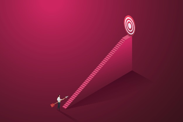 Businessman holding an arrow looking at the stairs leading up to his goal