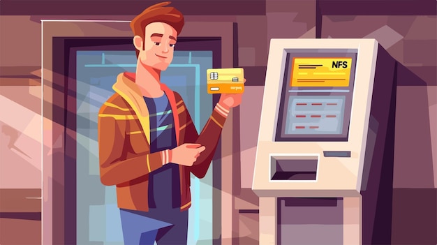 Vector businessman holding bank card with teller machine