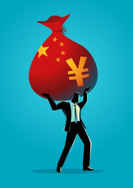 Businessman holding a big money bag with China flag and yuan symbol