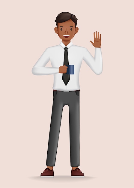 Businessman holding coffee cup and say hello character design 3d vector illustration