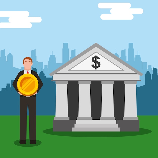 businessman holding coin with building bank 