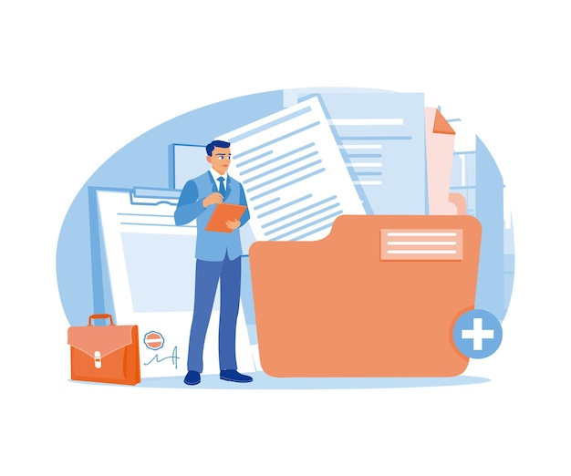 Vector businessman holding document on clipboard save files in main folders storage concept flat vector illustration