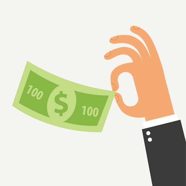 Businessman holding in his hand the hundred dollars Flat Design Isolated on white background