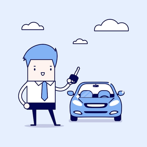 Businessman holding a key of a new car. Cartoon character thin line style vector.