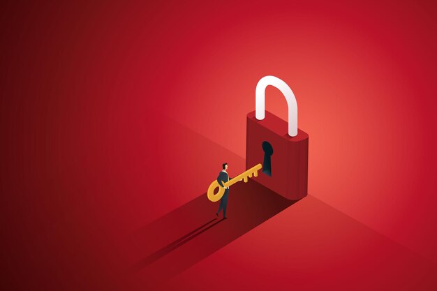 Vector businessman holding keys ready to unlock on red background