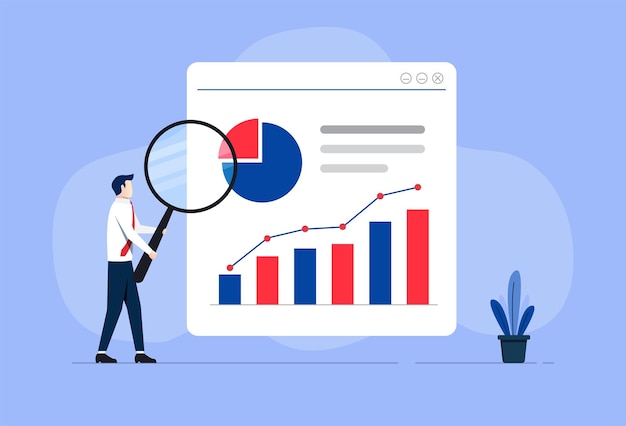 Businessman holding a magnifying glass and graph reports icon Data analysis and business analytics concept