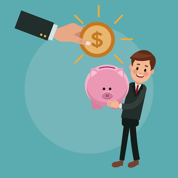 Businessman holding piggy and hand inserting coin