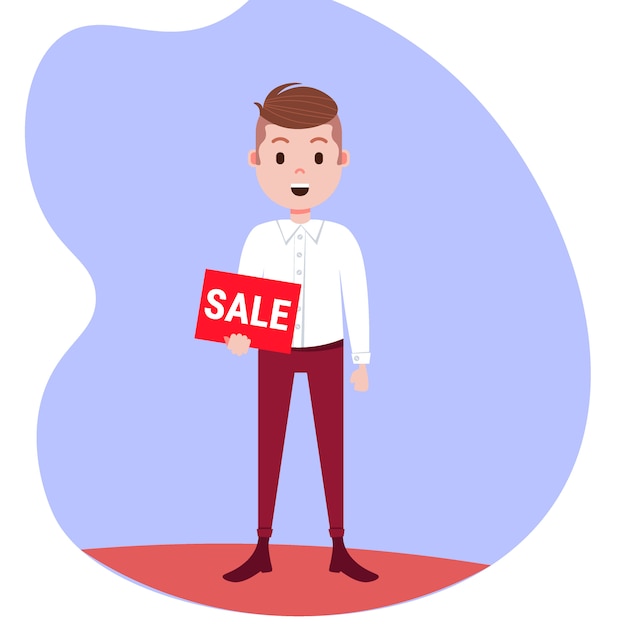 Vector businessman holding sale board special offer discount promotion  flat male cartoon character full length