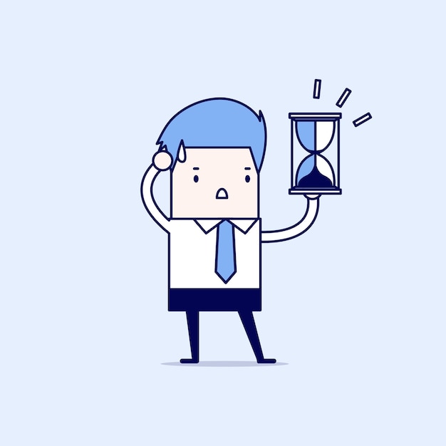 Businessman holding sandglass or hourglass looking and realise it's nearly time up or deadline Cartoon character thin line style vector