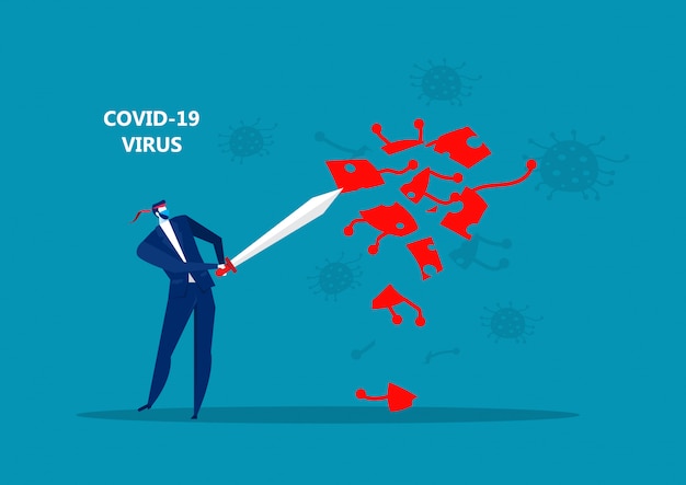 Vector businessman holding sword to protecting covid 19 corona virus  illustration