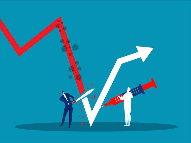 Businessman holding sword to protecting covid 19 corona virus with inject vaccine for growth graph