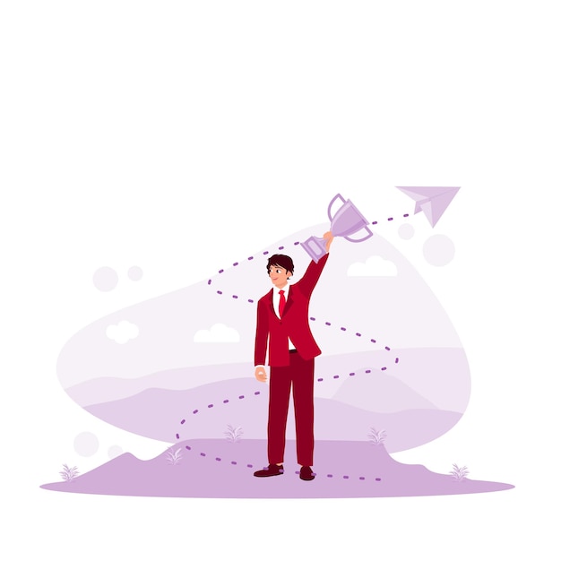 businessman holding a trophy Successful business concept Trend Modern vector flat illustration