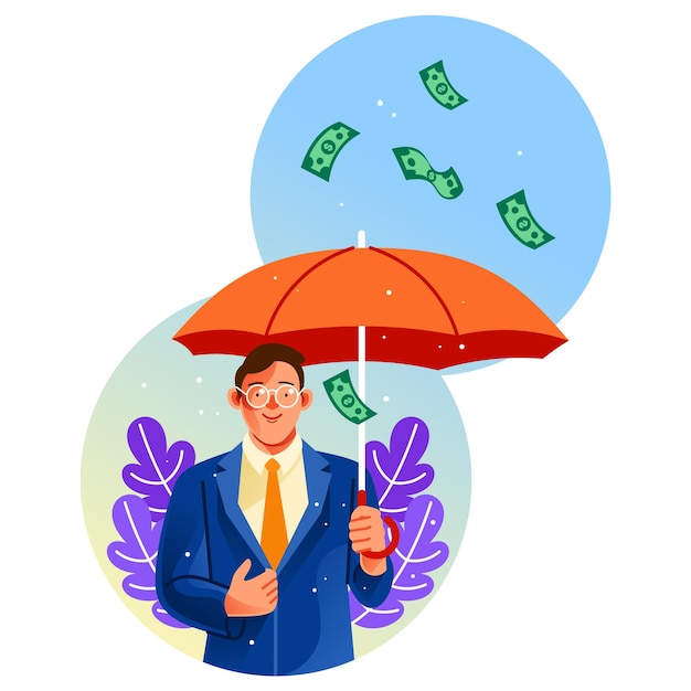 Businessman Holding an Umbrella under Money Rain illustration