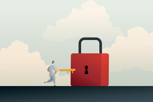 Vector businessman to holding unlock padlock with key golden to find a solution or a security