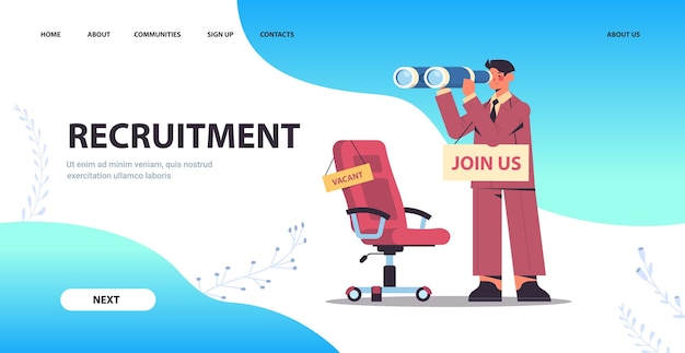 businessman hr manager with binoculars join us vacancy open recruitment and hiring concept full length horizontal copy space vector illustration