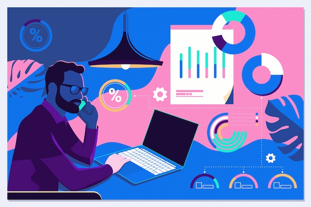 Businessman interacting with charts and analysing statistics and data