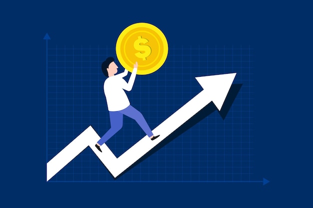 Businessman investor carry golden money coin walk up rising up graph