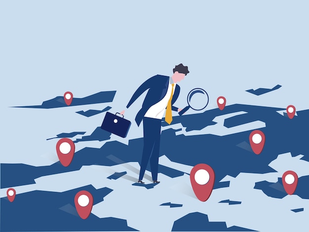 Businessman investor looking for investment opportunities standing on map conceptvector illustration