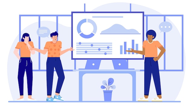 A businessman is presenting about business increase with diagram and graph in fornt of colleagues