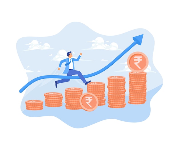 A businessman is running on a pile of coins Improve performance to achieve business targets Business Growth concept Flat vector illustration