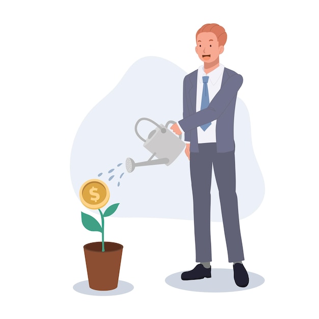 Businessman is watering plant with dollar money coin flower by watering can profit investment concept Vector illustration