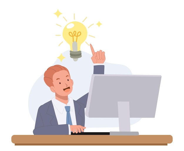 Businessman is working and got an ideas lightbulb Flat vector illustration