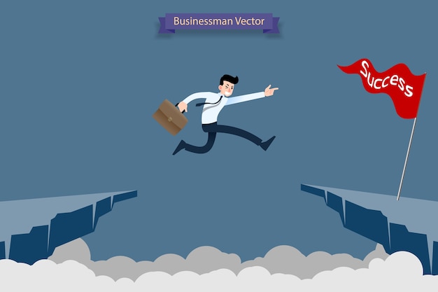 Businessman jump over the cliff to reach his success target.