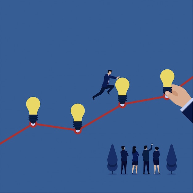 Businessman jump over ideas above chart line metaphor of new idea to growth.