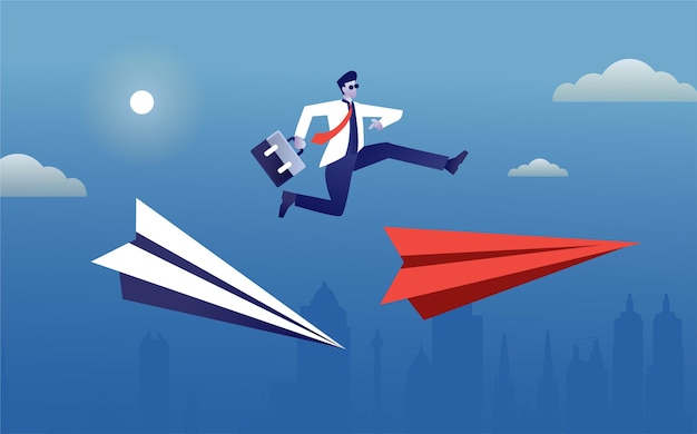 Businessman jump over paper plane