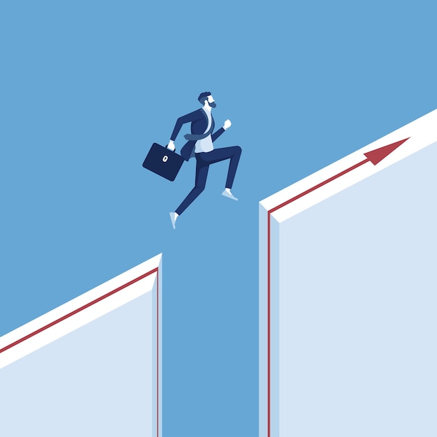 Businessman jump through the gap between hill man jumping over cliff business concept of courage