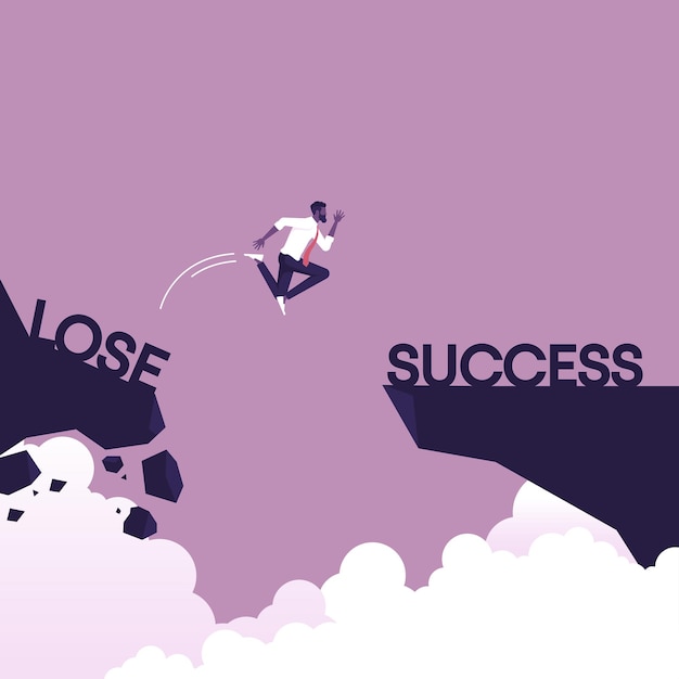 Businessman jumping from lose side on rock to success business challenge and success vector concept