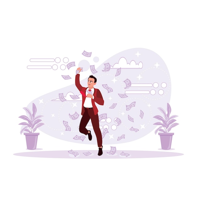 Businessman jumping happily with dollar cash Trend Modern vector flat illustration