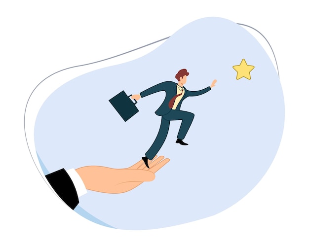 businessman jumps from giant hand and reach for star concept of businessman achieving success