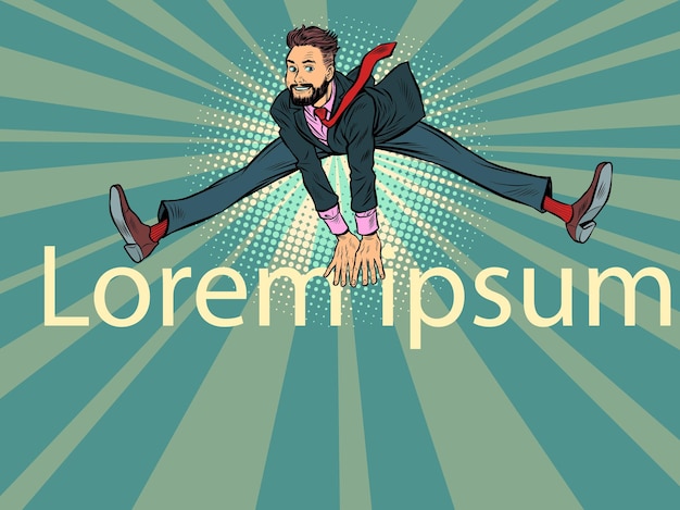 Businessman jumps up funny leg pose wide joy emotions success