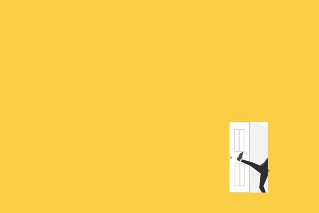 Businessman kicking door to open door on yellow background Business and management Way to success Taking chances