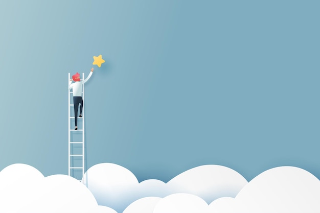 Businessman on a ladder reaching the star above cloud.Business concept.Paper art vector illustration.