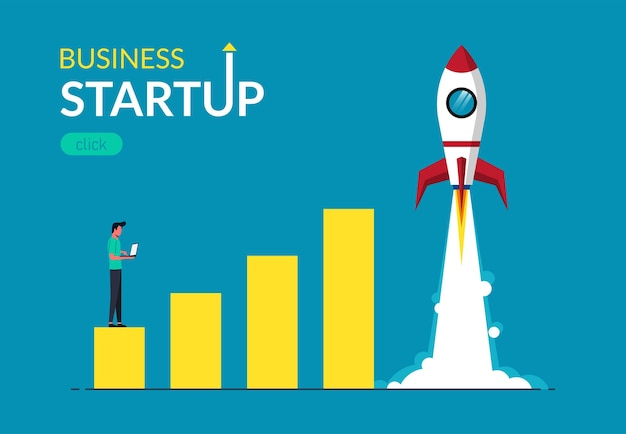 Businessman launch rocket Business startup launching products with rocket symbol Start up concept vector illustration