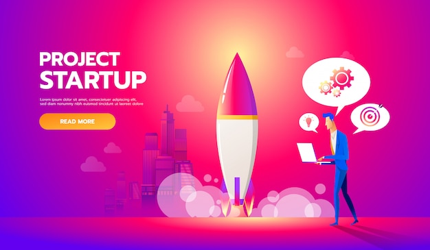 Businessman launches rocket into the sky. Business startup concept 