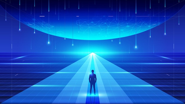 Businessman leading to earth with falling rays of light future technology concept illustration