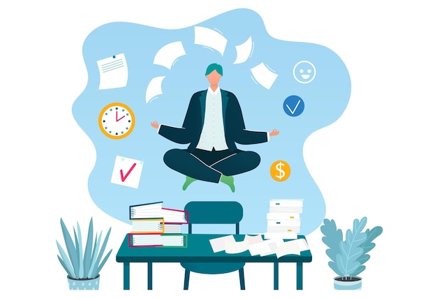 Businessman levitating meditating concept business employment working process workplace flat vector