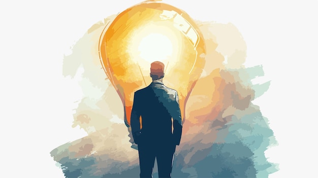 Vector businessman looking at big light bulb from back view