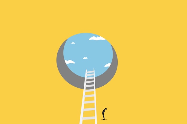 Businessman looking up at a ladder solution Symbol of challenge and problem solution