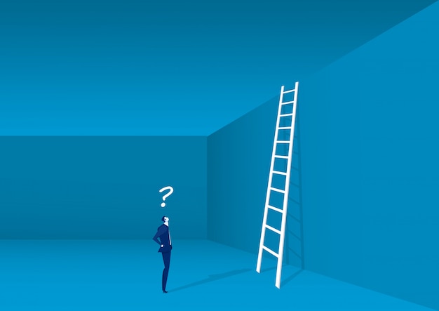 Businessman looking up at a ladder solution