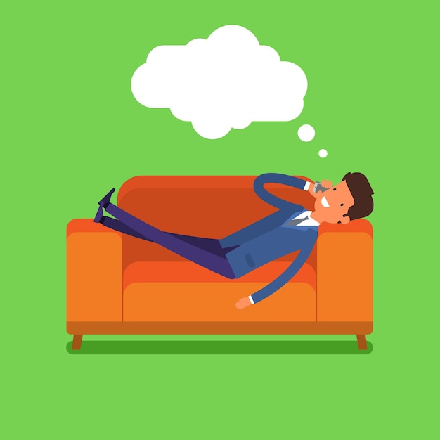 Businessman lying on the couch and talking on the phone. Flat design, vector illustration.