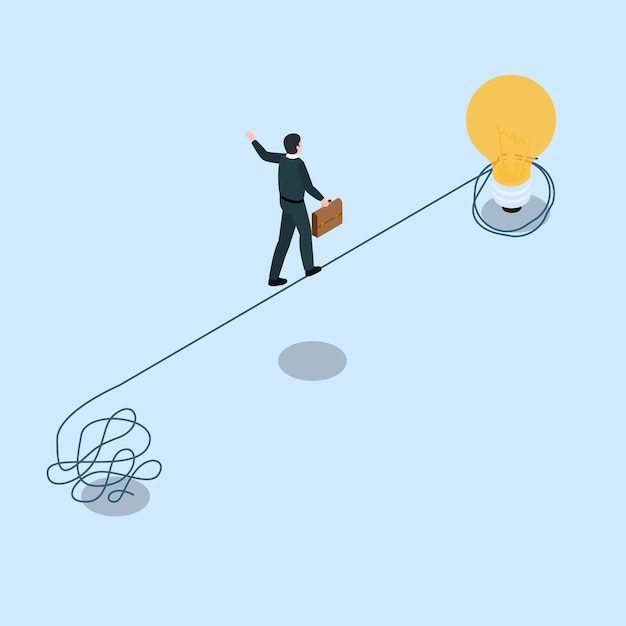 Businessman man balancing walks toward a light bulb on tightrope isometric 3d