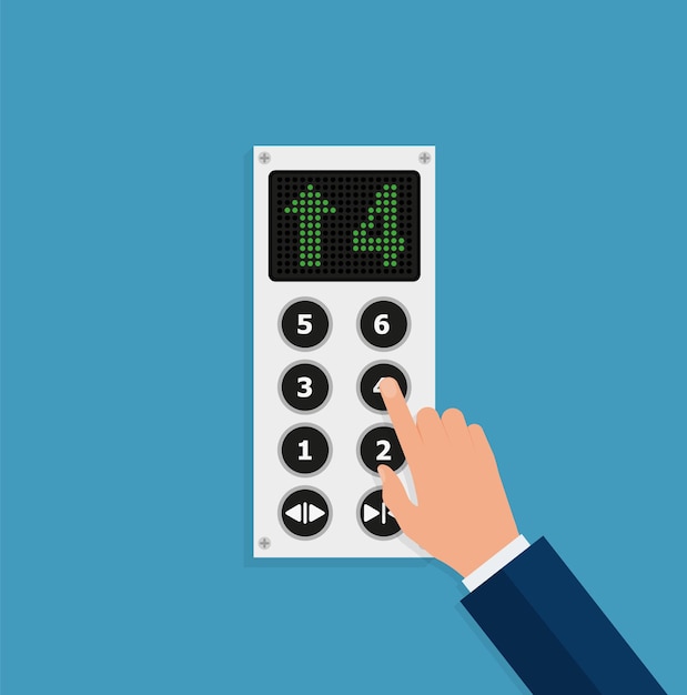 Businessman or manager hand pressing elevator button Lift call buttons panel Flat vector illustration